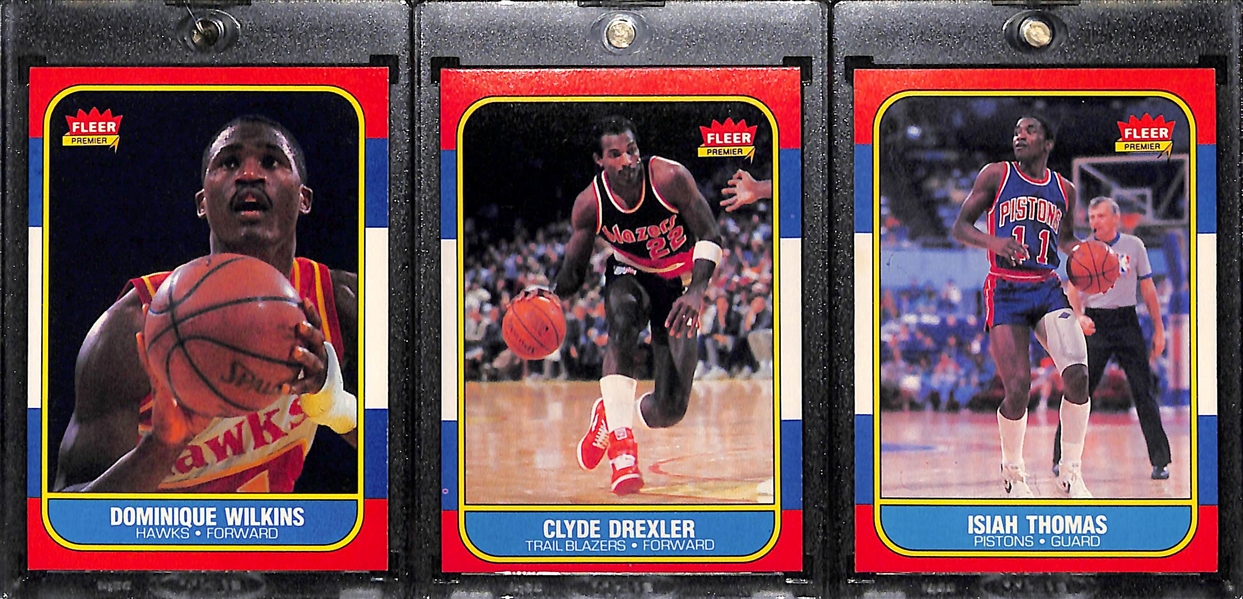 (27) Basketball Cards w. (3) 1986 Fleer (Dominique Wilkens, Clyde Drexler, Isaiah Thomas), Shaquille O'Neal Rookie Inserts, & Stars/Inserts/Rookies (inc. M. Jordan and Kobe Bryant)