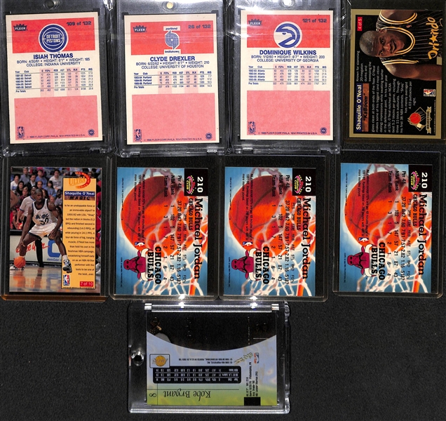 (27) Basketball Cards w. (3) 1986 Fleer (Dominique Wilkens, Clyde Drexler, Isaiah Thomas), Shaquille O'Neal Rookie Inserts, & Stars/Inserts/Rookies (inc. M. Jordan and Kobe Bryant)
