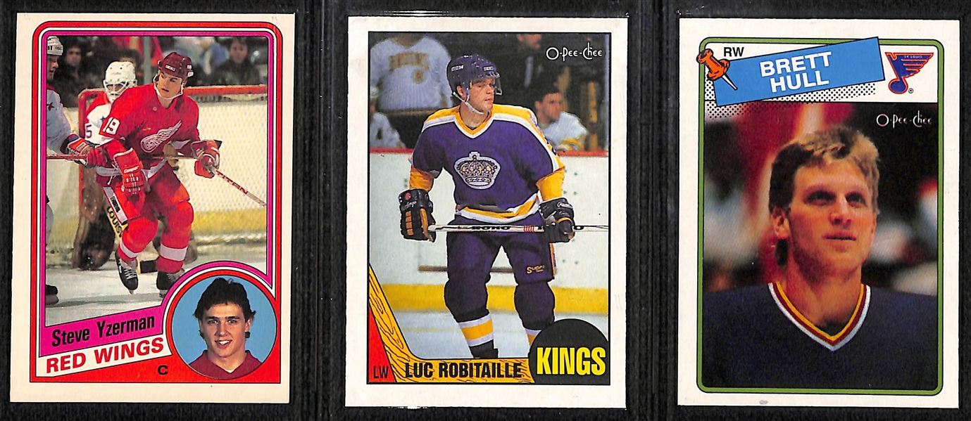 (6) OPC Hockey Cards - 1984 Yzerman Rookie #67, 1987 Luc Robitaille RC #42, 1988 Brett Hull RC #66, 1986 Mario Lemieux #122, (2) 1984 Pat LaFontaine RCs #129