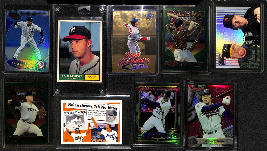 Lot of (19) Baseball Cards w. 2003 Jeter Blue Refractor #ed/100, 1961 Topps E. Mathews, Mark McGwire, Nolan Ryan, Refractor (Include Thome and Belle), +