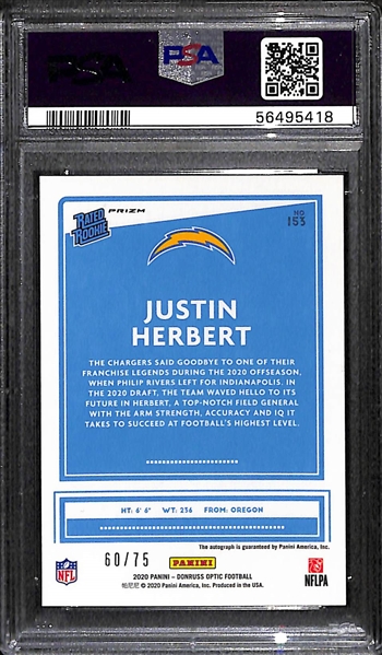 2020 Panini Optic Blue Holo Justin Herbert Autographed Rookie #60/75 Graded PSA 9 Mint
