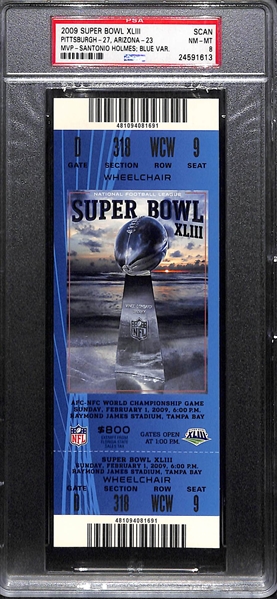 2008 Super Bowl XLIIl Ticket PSA 8 (Pittsburgh Steelers 27 - Arizona Cardinals 23) - Blue Variation Ticket