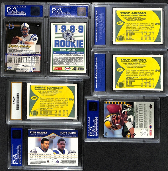 (7) Graded Football Rookie Cards w. 1998 Ultra P. Manning PSA 9, (3) Troy Aikman (Inc. 1989 Score PSA 8), B. Sanders, Brunell, K. Warner
