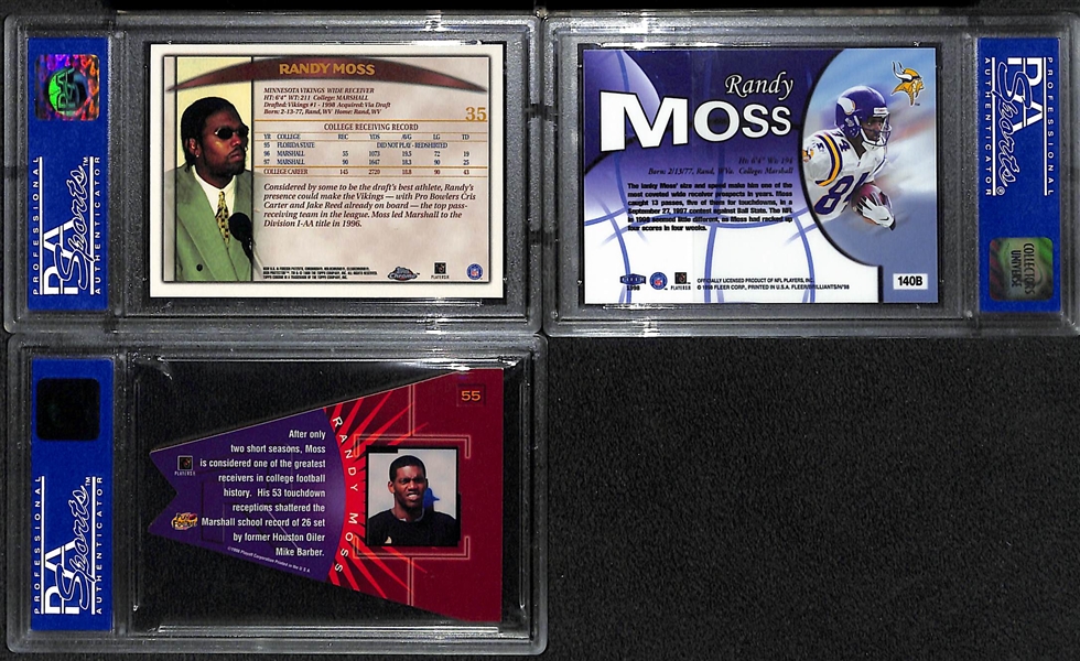 (3) 1998 Randy Moss Graded Rookie Cards - Topps Chrome PSA 9, Fleer Brilliants Blue PSA 9, Contenders Pennants Orange PSA 9