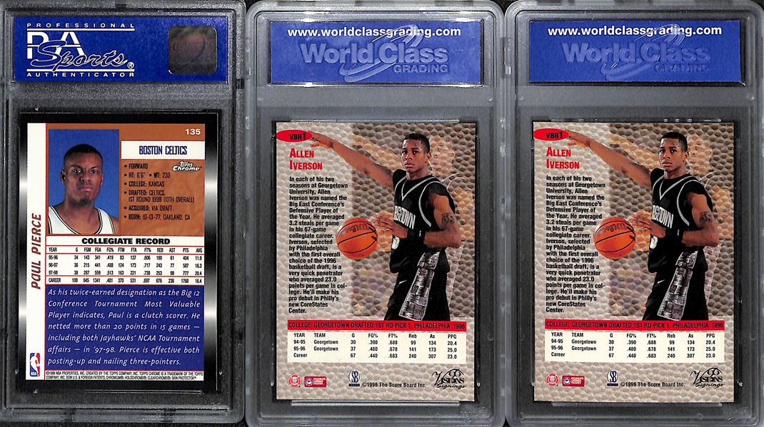 Lot of (3) Basketball Rookie Cards w. 1998 Topps Chrome Paul Pierce PSA 9 and (2) 1996 Score Board Allen Iverson Rookies