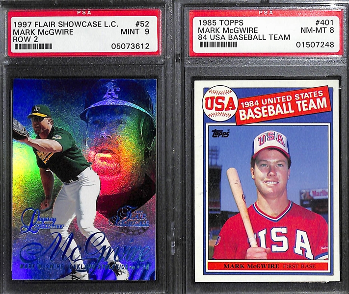 (4) Graded Mark McGwire Cards w. 1997 Flair Showcase Legacy Collection (#ed/100) PSA 9, 1985 Topps PSA 8, 1987 Topps PSA 8, 1988 Star PSA 8