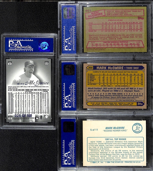 (4) Graded Mark McGwire Cards w. 1997 Flair Showcase Legacy Collection (#ed/100) PSA 9, 1985 Topps PSA 8, 1987 Topps PSA 8, 1988 Star PSA 8