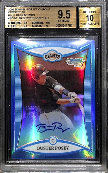 2008 Bowman Draft Chrome Prospects Buster Posey Blue Refractor On Card Autograph BGS 9.5, Autograph Grade 10