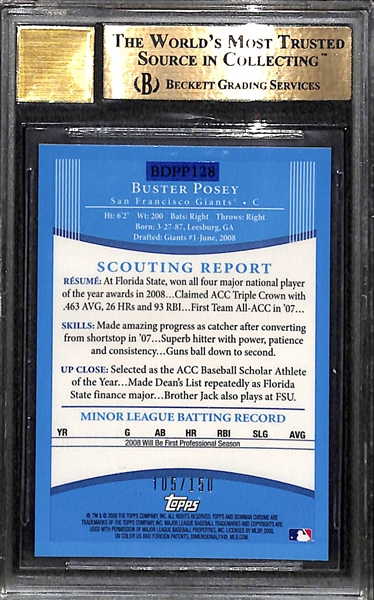 2008 Bowman Draft Chrome Prospects Buster Posey Blue Refractor On Card Autograph BGS 9.5, Autograph Grade 10