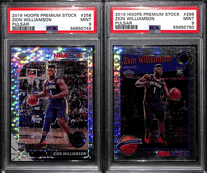 Lot of (2) 2019-20 Hoops Premium Stock Zion Williamson PSA 9 Pulsar Rookie Cards (Card 258 and 296)