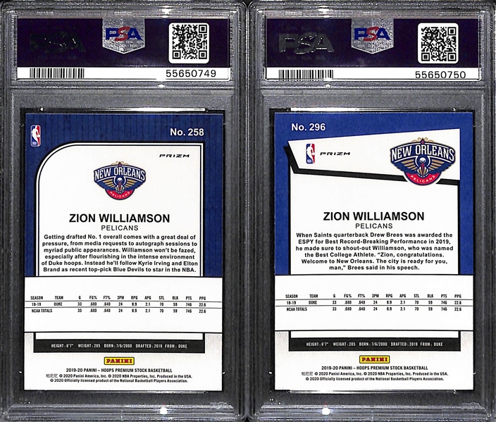 Lot of (2) 2019-20 Hoops Premium Stock Zion Williamson PSA 9 Pulsar Rookie Cards (Card 258 and 296)