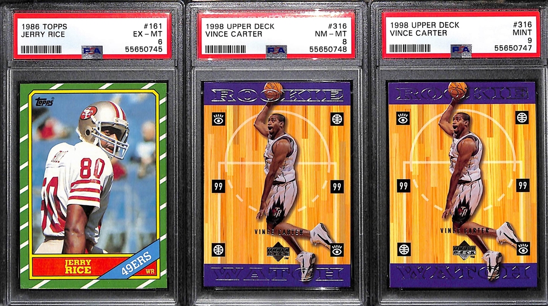 1986 Topps Jerry Rice Rookie #161 Graded PSA 6 EX-MT & (2) 1998 Vince Carter Rookie Cards (PSA 8 and PSA 9)