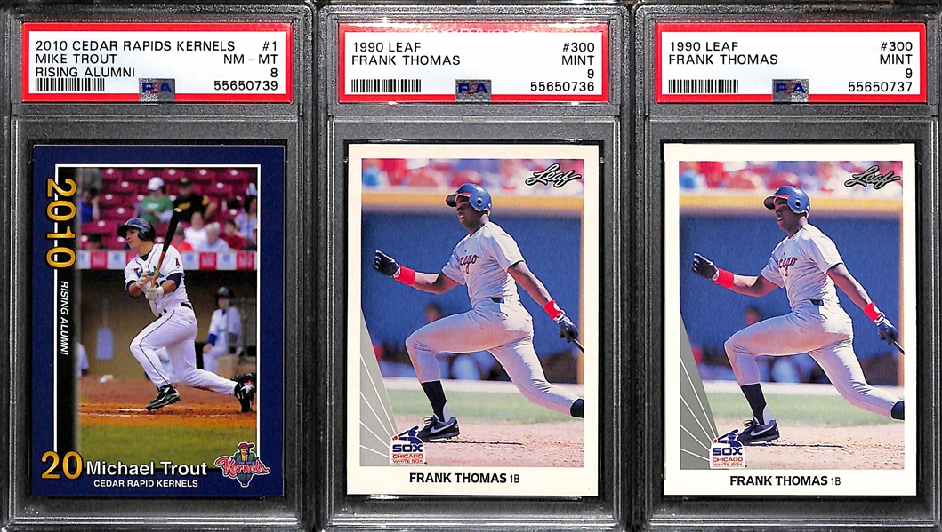 Lot of (3) Baseball Rookies - 2010 Mike Trout Minor League Card (PSA 8), and (2) 1990 Leaf Frank Thomas Rookies Graded PSA 9 Mint