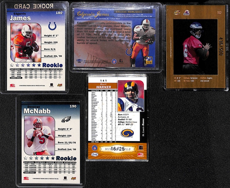 Lot of (30) Football Rookie and/or Insert Cards w. Edgerrin James & Donovan McNabb Topps Chrome Refractor Rookies, and Kurt Warner Rookies/Inserts