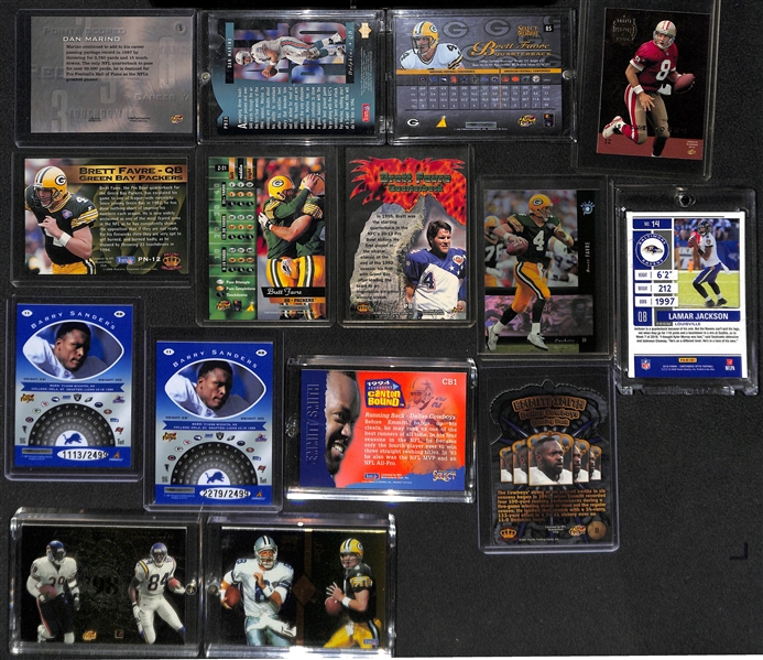 (32) Football Insert and/or Star Cards w. Marino, Favre, B. Sanders, E. Smith, P. Manning, L. Jackson, Aikman, + (Inc. 1998 Playoff Momentum Manning/Moss/Leaf/Enis Rookie)