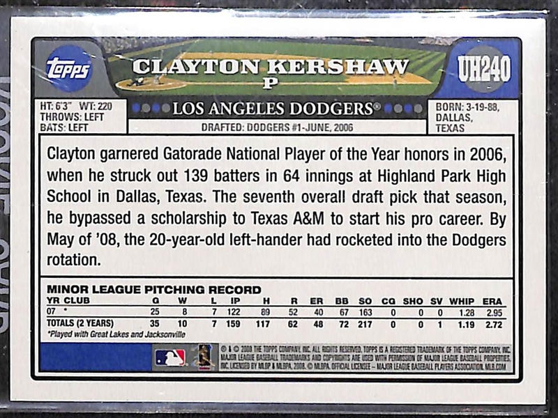 Clayton Kershaw 2008 Topps Update Rookie Card #UH240 - Centered