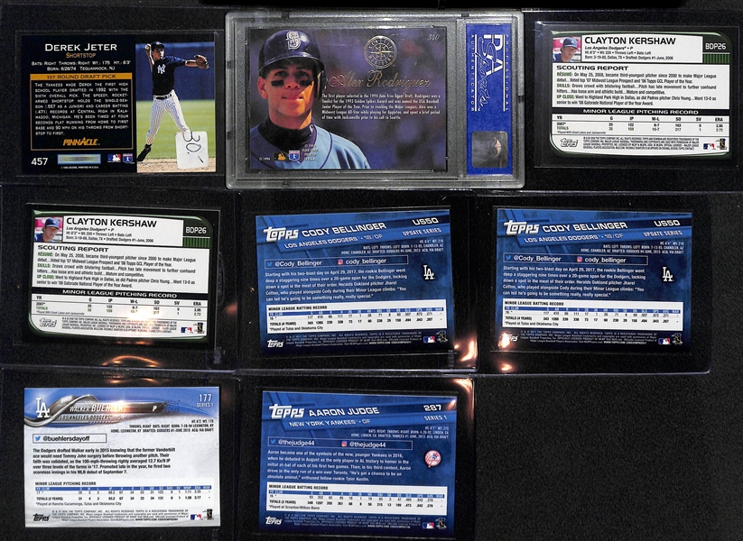 (6) Rookie Cards w. 1993 Pinnacle Jeter, 2004 Flair Alex Rodriguez PSA 8, (2) Clayton Kershaw, (2)  C. Bellinger, Aaron Judge,  W. Buehler