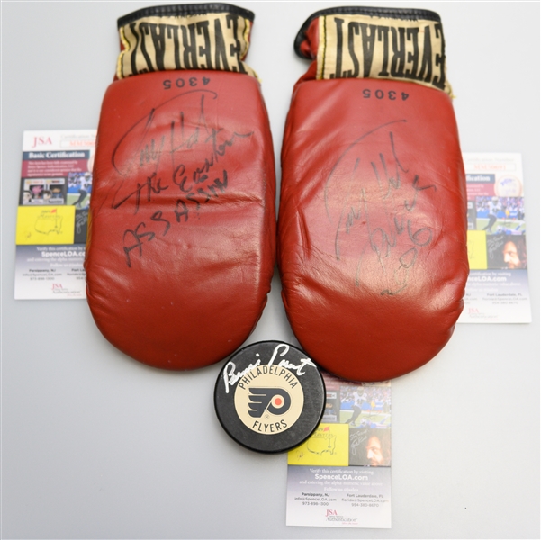 2 Larry Holmes Signed Sparring Gloves & Bernie Parent Hockey Puck 