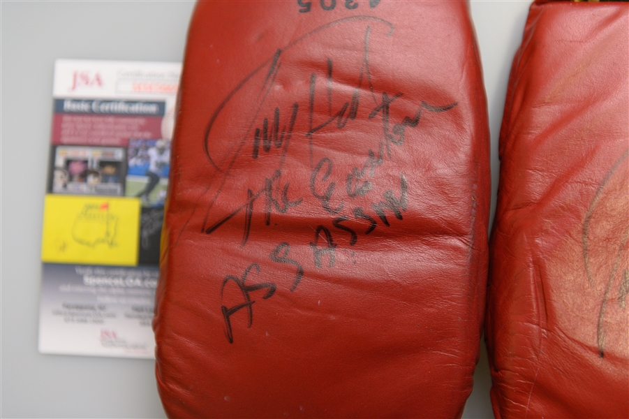 2 Larry Holmes Signed Sparring Gloves & Bernie Parent Hockey Puck 