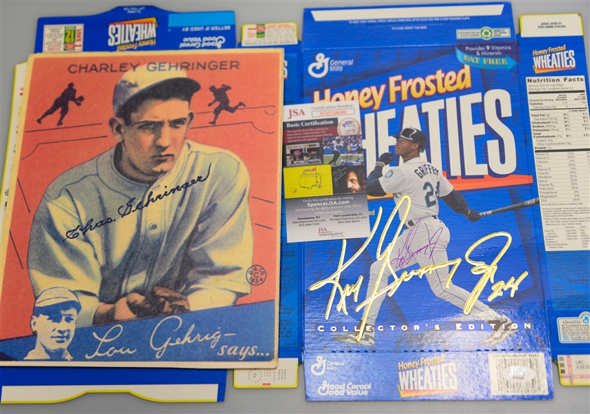 Lot of (2) Signed Items - Ken Griffey Jr. Signed Wheaties Box (JSA COA) and Charley Gehringer 8.5x11 Image