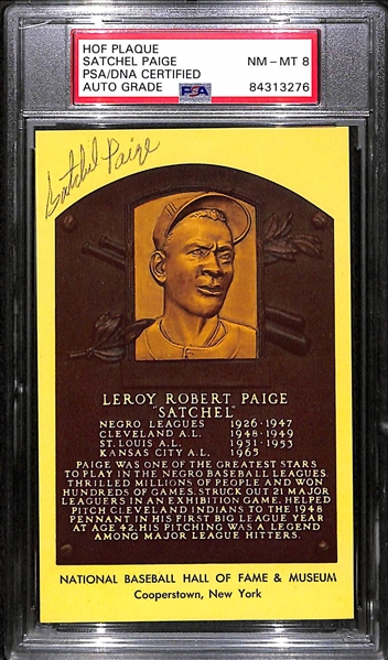 Satchell Paige Signed Baseball HOF Plaque Card (PSA/DNA Encased - Autograph Grade 8)