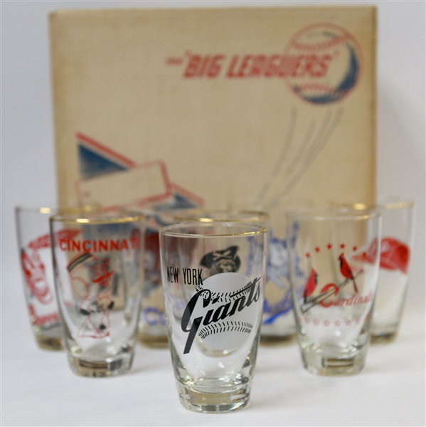  Vintage 1950s Complete Set of (9) The Big Leaguer National League Gold Rimmed Baseball Logo Glasses w. Brooklyn Dodgers