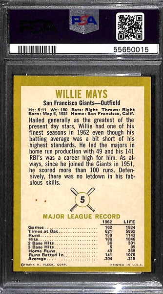 1963 Fleer Willie Mays #5 Graded PSA 6.5