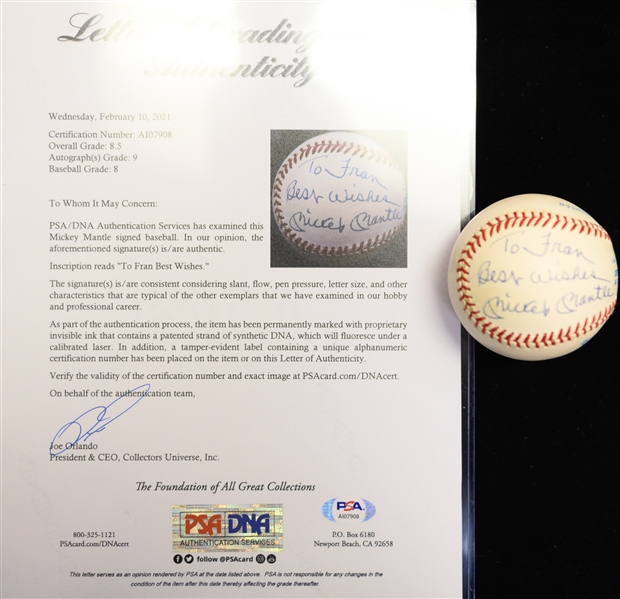 Mickey Mantle Signed Rawlings OAL Baseball Signed To Fran w. PSA/DNA LOA Graded 8.5 (Autograph Grade 9, Baseball Grade 8)
