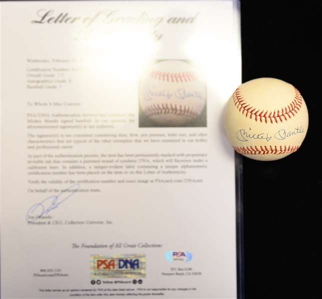 Mickey Mantle Single Signed OAL Rawlings Baseball PSA/DNA Grade 7.5 (Auto Grade 8, Baseball Grade 7)