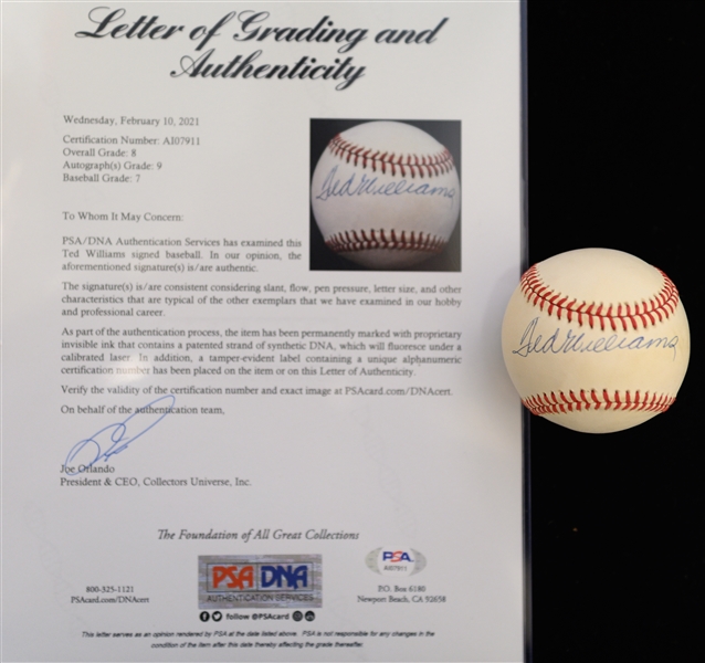 Ted Williams Single Signed OAL Rawlings Baseball PSA/DNA Grade 8 (Auto Grade 9, Baseball Grade 7)