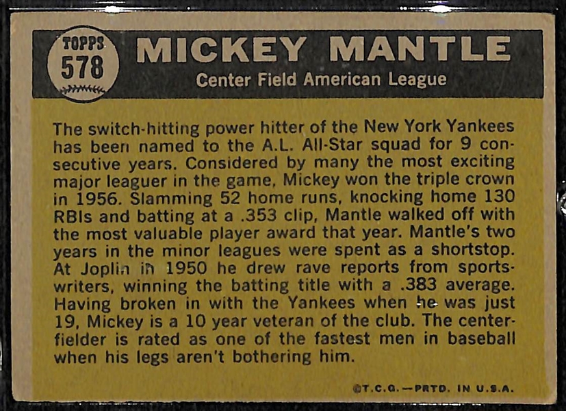 1961 Topps Mickey Mantle #578 Sporting News All-Star - VG Condition