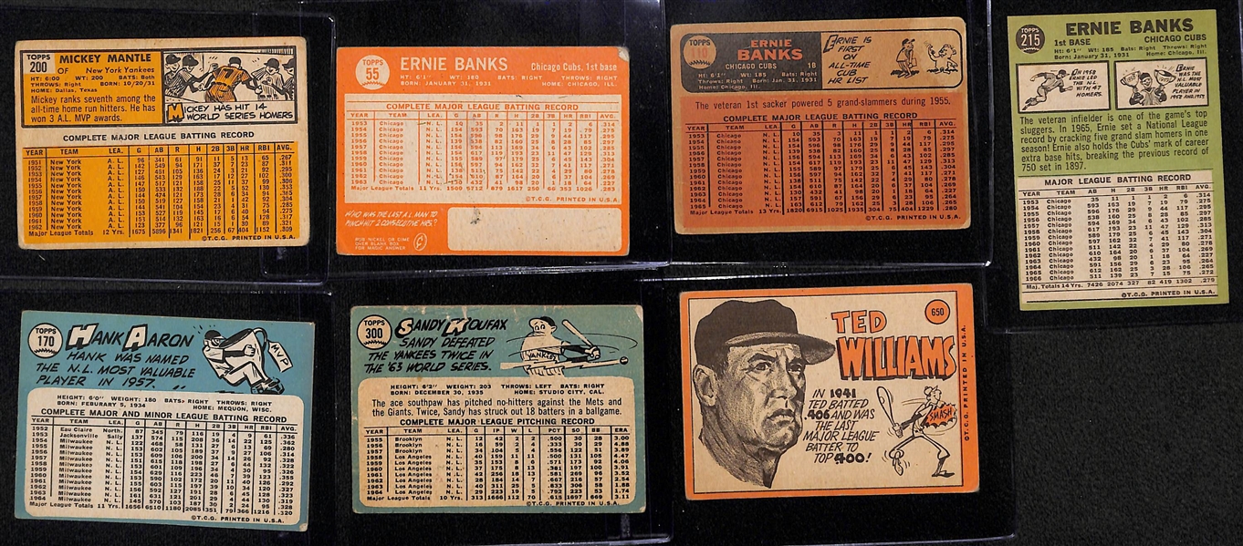 (7) Low Grade 1960s Cards - 1963 Mickey Mantle, 1964/1966/1967 Banks, 1965 Aaron, 1965 Koufax, 1969 Ted Williams