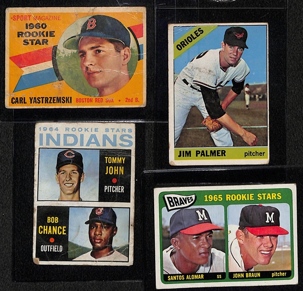 (4) Low Grade 1960s Rookies w. Carl Yastrzemski, Jim Palmer, Tommy John, Sandy Alomar