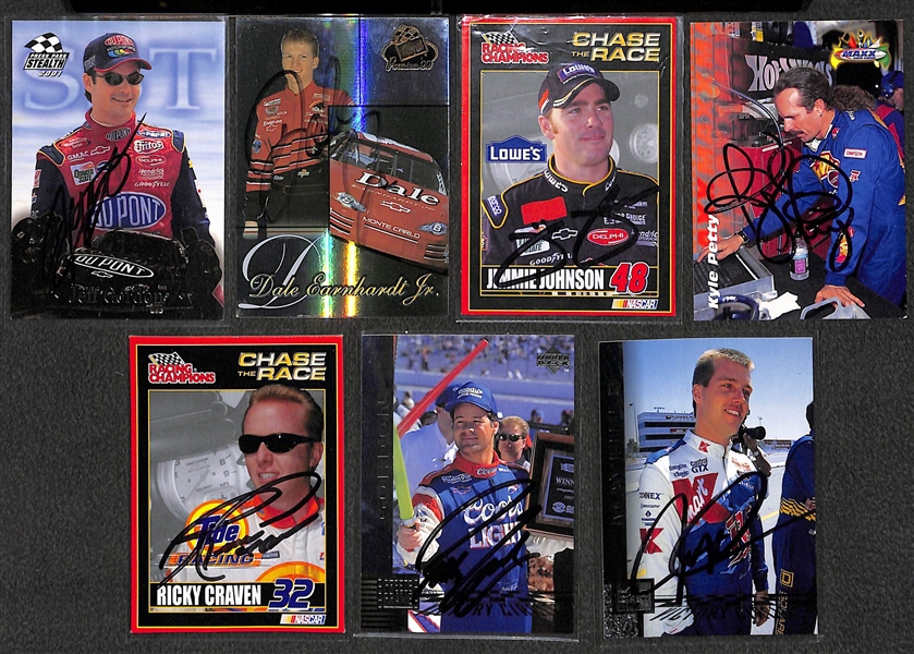 (7) Racing/NASCAR Signed Cards w. Jeff Gordon, Dale Earnhardt Jr., Jimmie Johnson, Kyle Petty, +