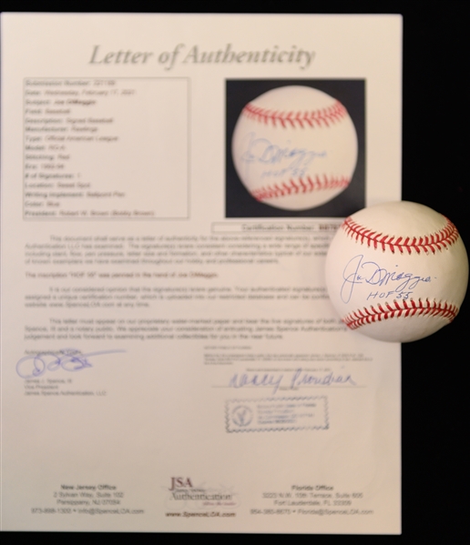 Joe DiMaggio Autographed Official AL Baseball with HOF 55 inscription JSA LOA