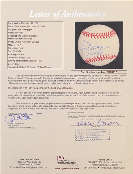 Joe DiMaggio Autographed Official AL Baseball with HOF 55 inscription JSA LOA