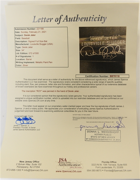 Derek Jeter Signed Full Size Louisville Slugger w. HOF inscription (JSA LOA)