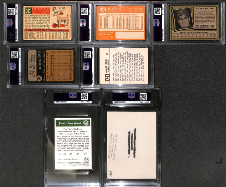(7) PSA/DNA Slabbed HOF Cards w. 1959 Drysdale, 1964 Kaline, 1971 Carlton, 1973 F. Robinson,+ 