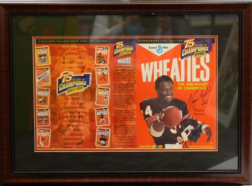 Framed Wheaties 75 years of Champions box  Autographed by Walter Payton (Steiner COA)