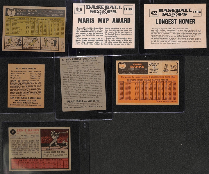 (7) Clubhouse Stamped Vintage Baseball Cards From Uncle Jimmy Collection w. 1948 Bowman Stan Musial Rookie, Mickey Mantle, (2) Maris, Durocher, (2) Banks