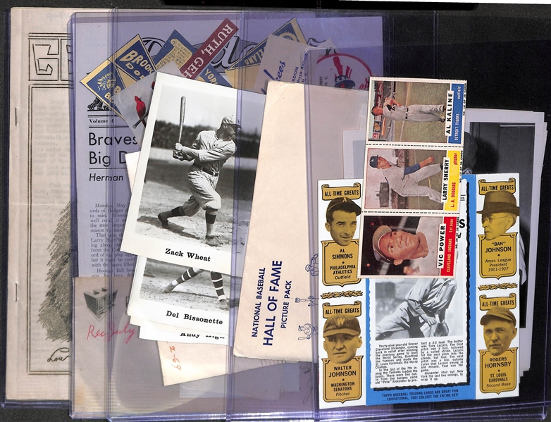 Uncle Jimmy Collection Lot w. 1960 Bazooka Panel (Kaline), 1963 HOF Photo Pack, (22) 1969 SCFC Photocards, Gehrigram, 1941 Dodgers Newsletter