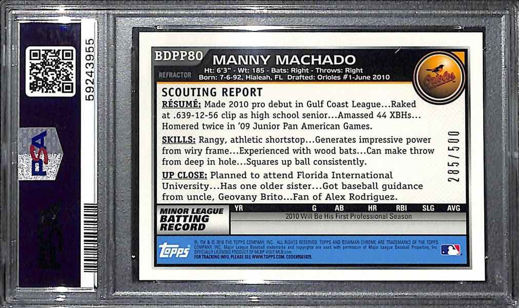 2010 Bowman Chrome Manny Machado Rookie Autograph Refractor #ed 285/500 Graded PSA 8