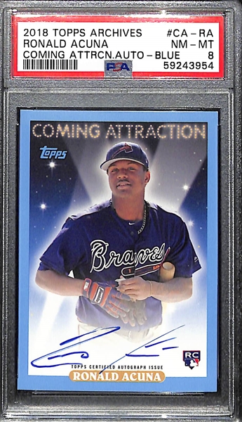 2018 Topps Archives Coming Attractions Ronald Acuna Rookie Autograph (Blue Variation #ed 14/25) Graded PSA 8