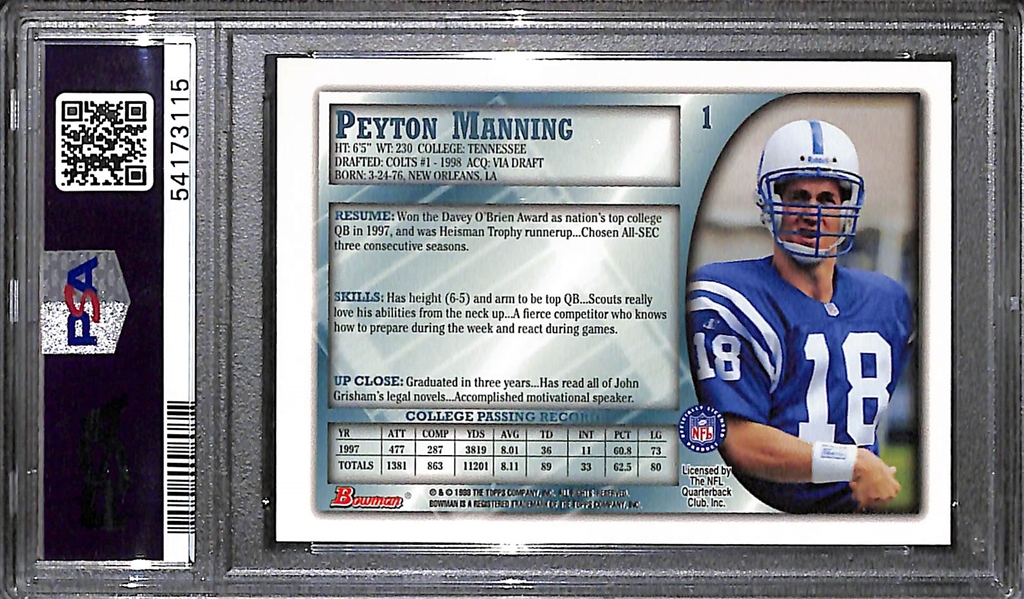 1998 Bowman Peyton Manning #1 Rookie Graded PSA 10 Gem Mint!