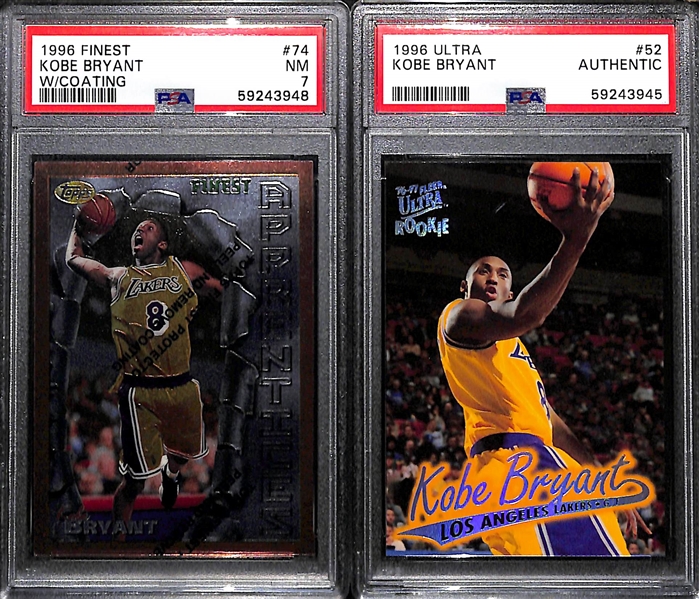 1996-97 Kobe Bryant Rookie Lot (2) - Finest #74 (w. Coating) Graded PSA 7 and Ultra #52 Graded PSA Authentic