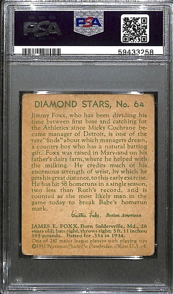 1935 Diamond Stars Jimmie Foxx #64 Graded PSA 2