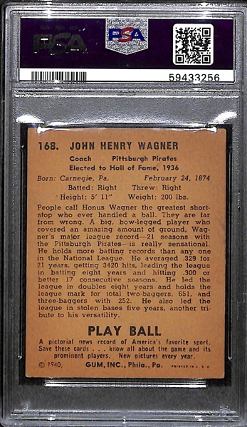 1940 Play Ball Honus Wagner #168 Graded PSA 4