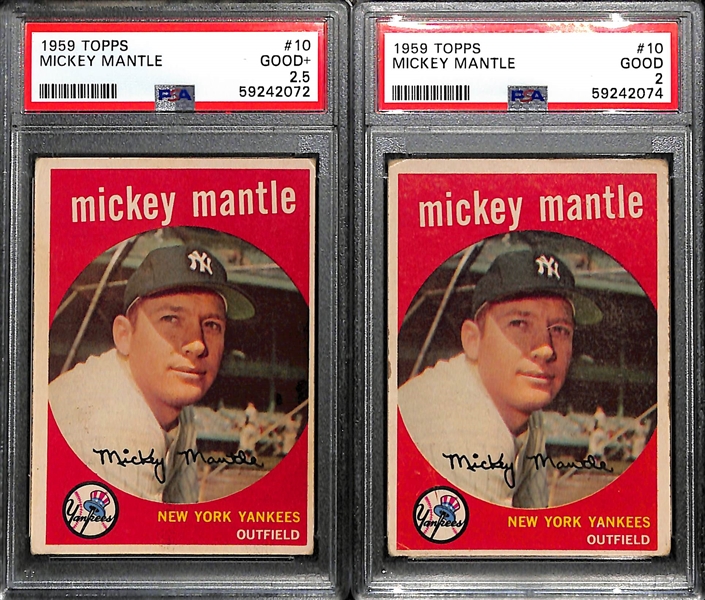 (4) 1959 Topps Mickey Mantle #10 Graded Cards (PSA 2.5, PSA 2, PSA 1, and PSA 1)