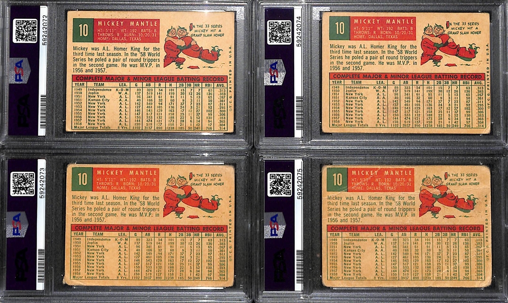 (4) 1959 Topps Mickey Mantle #10 Graded Cards (PSA 2.5, PSA 2, PSA 1, and PSA 1)