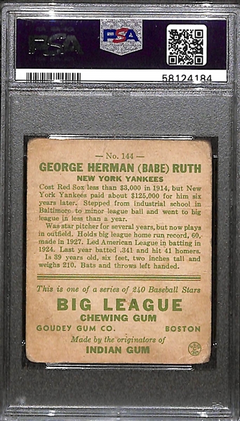 1933 Goudey Babe Ruth #144 Graded PSA 1